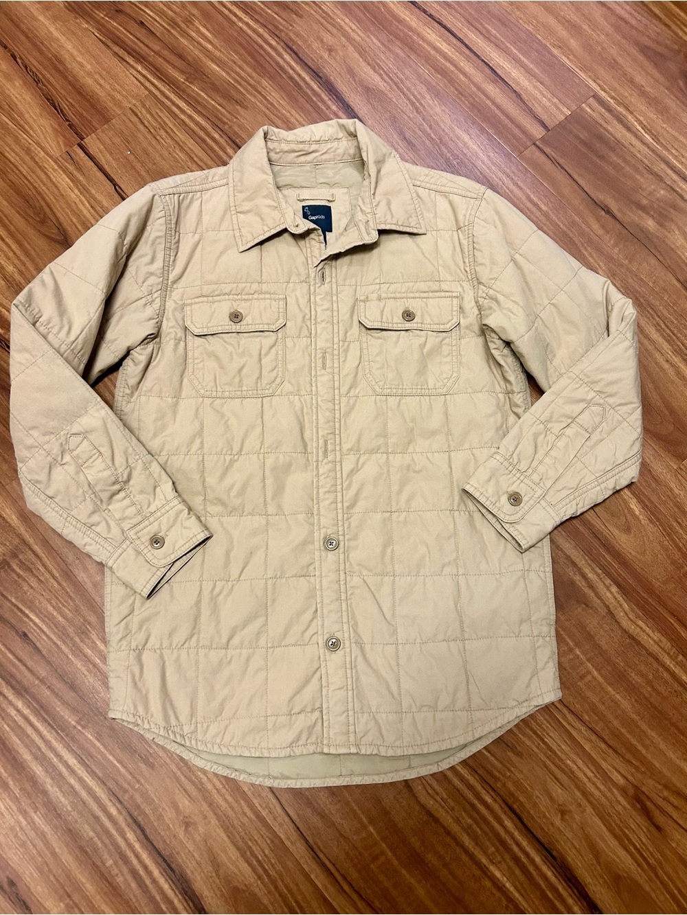 Gap Kids Quilted Shirt Jacket Cargo Khaki Button Flap Curved Hem 14/16